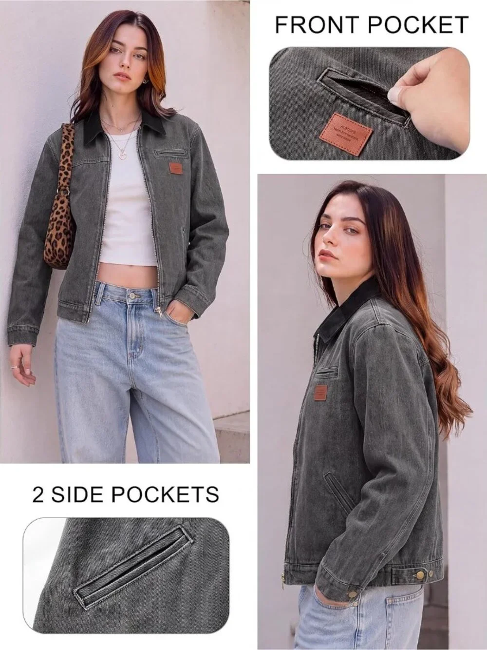 Women's Dark Grey Cropped Zip Up Denim Lightweight Casual Fall Outerwear Jackets